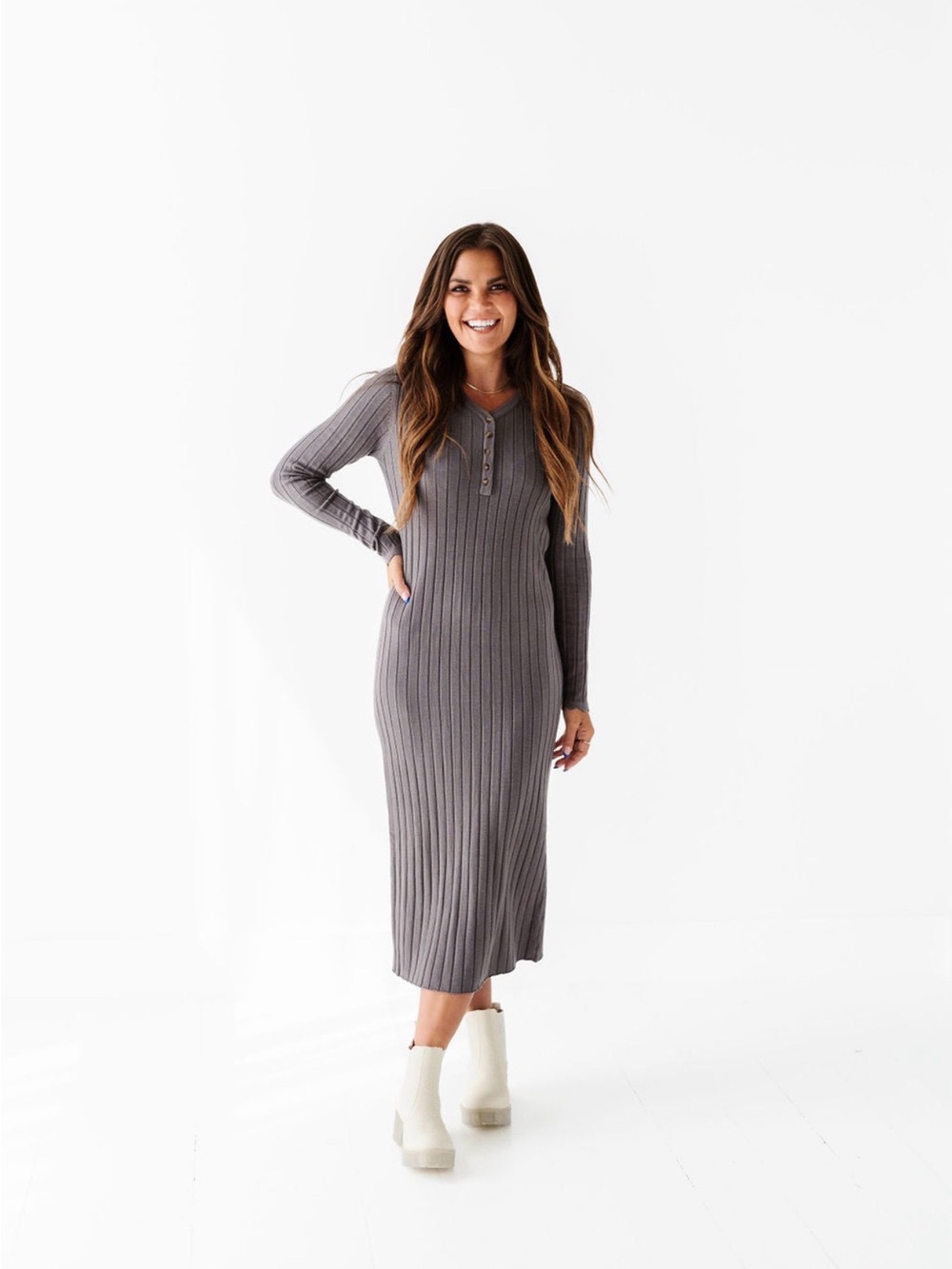 Ribbed Sweater Dress in Charcoal - Picture 3 of 6